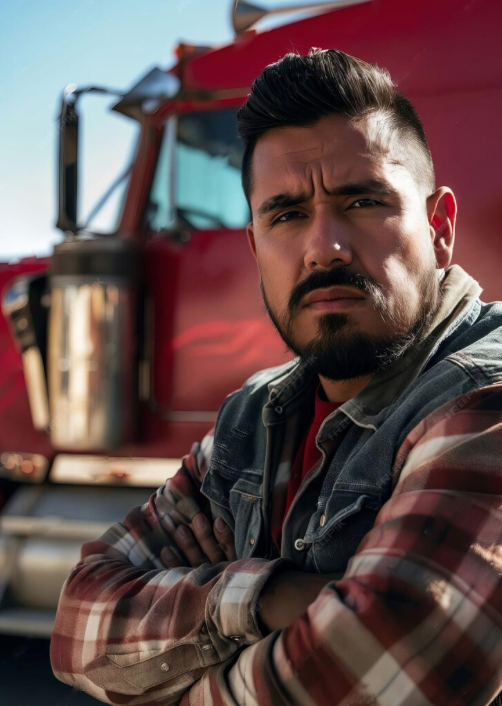 Truck driver man beside red semi with arms folded taking his career seriously.